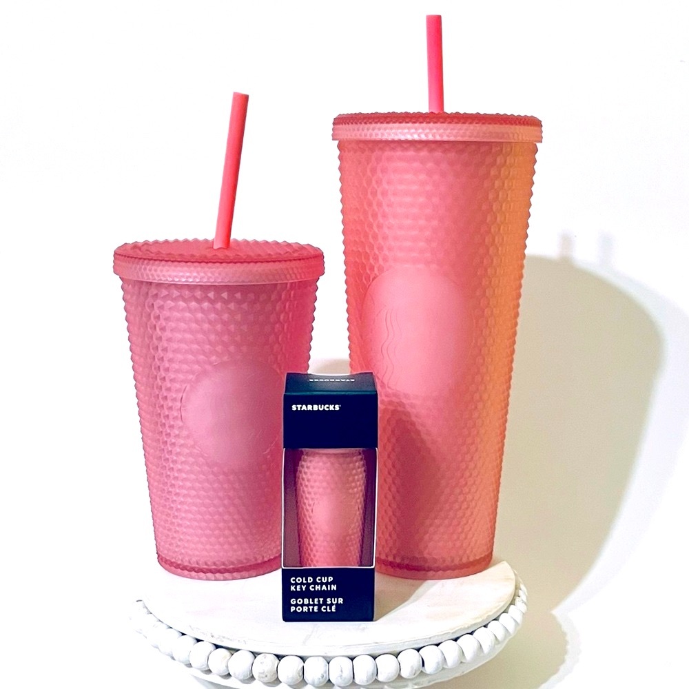Starbucks Pink Lemonade Blush Pink Studded Cups & Keychain Set